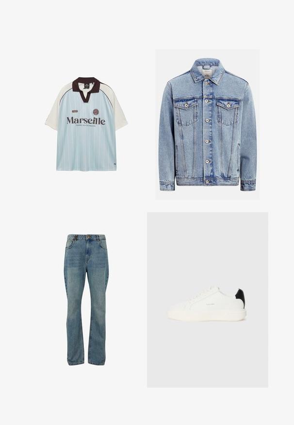 Veste en jean bleu clair avec fermeture à boutons sur le devant, deux poches poitrine à rabat avec boutons, poches latérales et col classique.; Maillot de sport à manches courtes bleu clair et blanc avec col noir, texte "Marseille", épingles et slogan "Ensemble, rien n'est impossible" sur le devant.; Jean en denim bleu clair avec des jambes droites, design à cinq poches, fermeture par bouton et zip, et détails de coutures classiques.; Baskets en cuir blanc avec un accent noir à l'arrière, présentant un bout rond, des lacets plats et une épaisse semelle blanche. Logo Calvin Klein affiché.