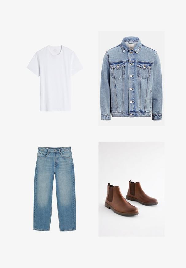 Lyseblå denimjakke med knaplukning foran, to brystlommer med klappe og knapper, sidelommer og en klassisk krave.; Hvid, kortærmet t-shirt med rund halsudskæring. Lavet af glat bomuldsstof, den har en afslappet pasform og minimale sømme.; Blå jeans med lige ben, forlommer, bæltestropper, knaplukning og diskrete falmede detaljer på lår og knæ.; Brune læderankelstøvler med elastiske sidestykker, rundet tå og en lagdelt hæl. Glat tekstur med kontrasterende brune accenter.