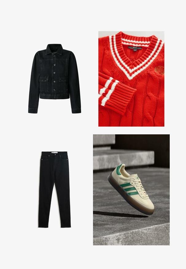 Čierna rifľová bunda s golierom, zapínaním na gombíky vpredu, dvoma náprsnými vreckami s klopami a dekoratívnymi kovovými očkami.; Červený pletený sveter s výstrihom do V so striebornými horizontálnymi pruhmi na golieri a rukávoch. Textúrovaný vzor s vrkočovým pletením a detailom loga.; Čierne deninové džínsy s úzkym strihom, dizajnom s piatimi vreckami, kovovými doplnkami a zipsom. Hladká textúra s miernym elastickým efektom.; Tenisová obuv krémovej farby so zelenými akcentmi, tromi zelenými pruhmi, textúrovanou gumovou podrážkou a klasickým šnurovaním. Na boku logo "Samba".