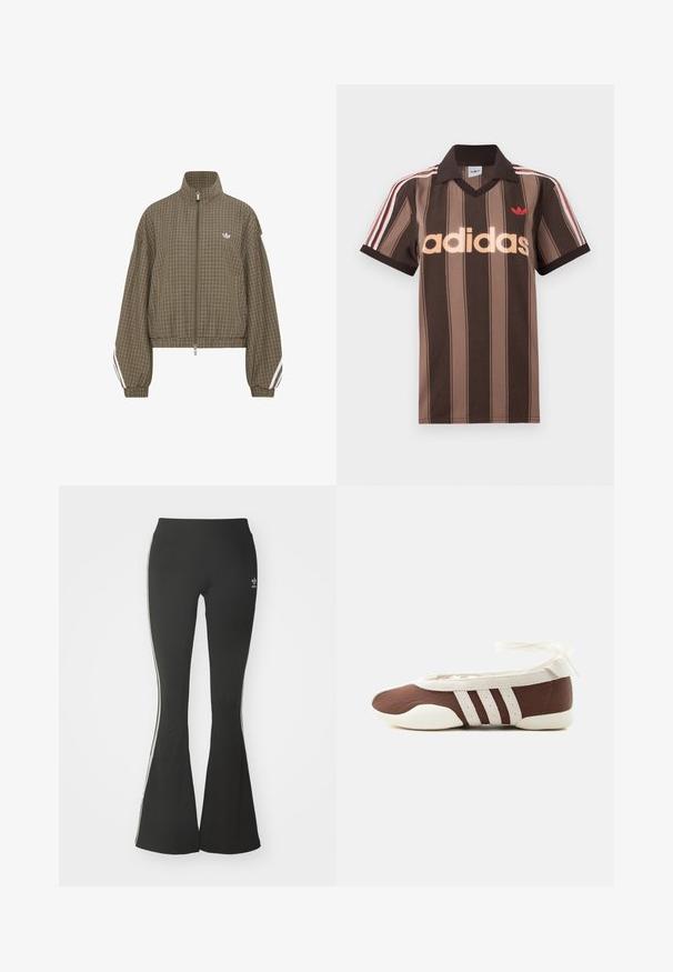 Veste zippée marron à carreaux avec col montant, taille élastique, bandes blanches sur les manches et petit logo blanc sur la poitrine.; Polo Adidas rayé marron avec col en V, col bordeaux, et logo rouge. Comprend des rayures blanches et rouges sur les épaules, manches courtes.; Leggings évasés noirs en tissu extensible, dotés d'une taille haute et de rayures blanches sur les côtés. Comprend un petit logo à la taille.; Chaussure plate de ballet marron et blanche avec trois bandes blanches et un nœud à nouer à la cheville sur un fond clair uni.
