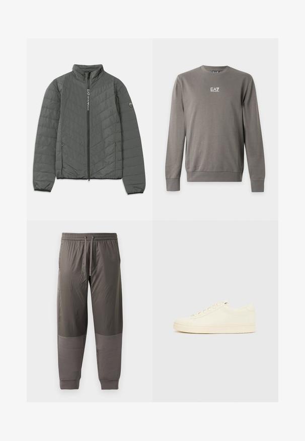 Tumehall paisutatud jakk, millel on kõrgem krae, esiküljel tõmblukk, kus on kirjas "EA7 Emporio Armani", tõmblukuga küljetaskud ja logo kant ülakeerul.; Hall pika varrukaga ümar kaelusega dressipluus, millel on valge EA7 Emporio Armani logo rinnal, soonikud varrukakäärudel ja äärel.; Tumed hallid sportlikud püksid elastse vöökoha ja reguleeritava nööriga. Omavad siledat kangast ribakudumisega varrukates ja kontrastsetes paneelides.; Kreemitonides spordijalats sileda nahkpealsega, ümarate varvastega, ees paelusega ja tekstuuriga kummist talla. Minimalistlik disain, ilma logodeta.