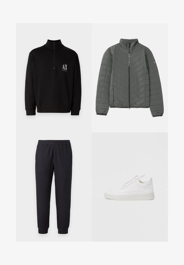 Dunkelgraue gesteppte Jacke mit Stehkragen, Frontreißverschluss mit "EA7 Emporio Armani"-Text, seitlichen Reißverschlusstaschen und Logopatch am Ärmel.; Schwarzer Reißverschluss-Hoodie aus Baumwollmischung. Verfügt über einen hohen Kragen, gerippte Bündchen und ein kleines weißes Logo auf der linken Brust.; Schwarze, verjüngte Sweatpants mit elastischem Bund und Bündchen, mit subtil strukturiertem Muster und seitlichen Taschen.; Weißer Ledersneaker mit abgerundetem Zehenbereich, flacher Sohle und Schnürverschluss. Verfügt über Nahtdetails und einen gepolsterten Kragen für zusätzlichen Komfort.