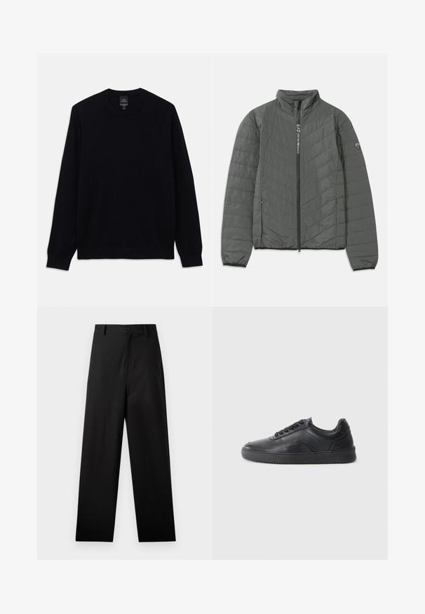 Tumehall paisutatud jakk, millel on kõrgem krae, esiküljel tõmblukk, kus on kirjas "EA7 Emporio Armani", tõmblukuga küljetaskud ja logo kant ülakeerul.; Must mustrepp-svangärvi musta sviiter, millel on ribakujulised mansetid ja serv, Armani Exchange silt nähtav sise krael.; Mustriga mustad puuvillased püksid sirge jala disainiga, ees nupuga kinnitamine ja küljetaskud. Sile tekstuur, mustriteta.; Must musta kingad sileda viimistlusega, ümar aadress, tekstuuriga külgpaneel ja mustad nöörid. Omab lame kummist tallat ja minimaalset disaini.