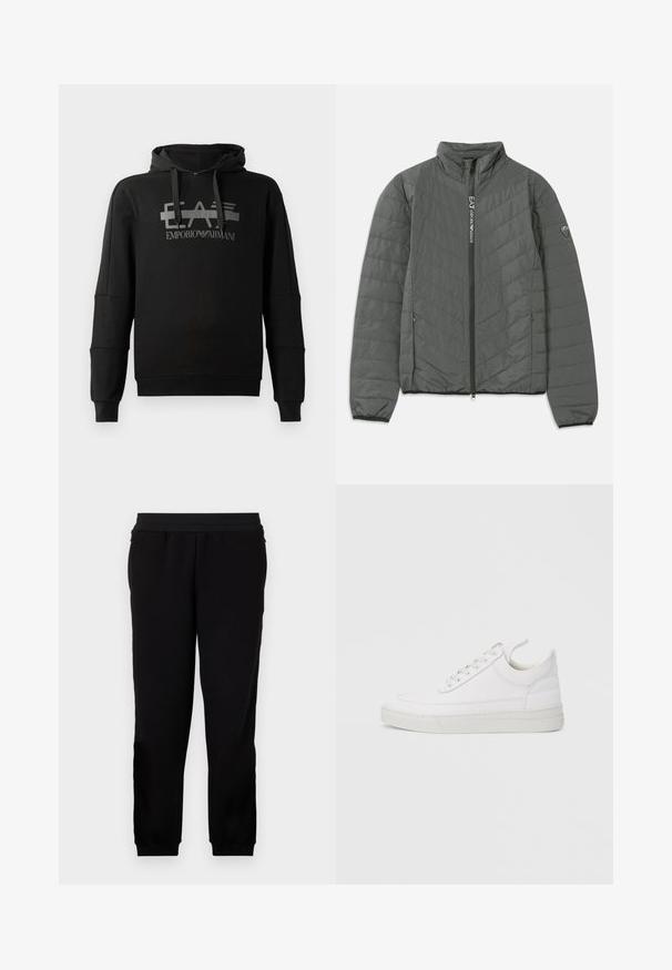 Chaqueta acolchada gris oscuro con cuello alto, cierre frontal con texto "EA7 Emporio Armani", bolsillos laterales con cremallera y parche de logo en la manga.; Sudadera negra con capucha que presenta un destacado logo gráfico gris "EA7 Emporio Armani". Fabricada en un tejido suave, con mangas largas y un corte holgado.; Pantalones de chándal negros hechos de un material suave, con una banda elástica en la cintura, puños ajustados y bolsillos laterales para mayor comodidad.; Zapatilla blanca de cuero con punta redondeada, suela plana y cierre de cordones. Presenta detalles de costuras y un cuello acolchado para mayor comodidad.