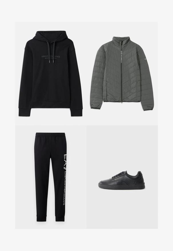 Dunkelgraue gesteppte Jacke mit Stehkragen, Frontreißverschluss mit "EA7 Emporio Armani"-Text, seitlichen Reißverschlusstaschen und Logopatch am Ärmel.; Schwarzer Hoodie aus weichem Material, mit einer verstellbaren Kapuze und gerippten Bündchen. Gesticktes Logo in dunklen Tönen auf der Vorderseite.; Schwarze Sweatpants aus Baumwollmischung mit elastischem Taillenbund, schmal zulaufenden Beinen, gerippten Bündchen und weißem Logo-Druck entlang der Seite.; Schwarze Leder-Sneaker mit glatter Oberfläche, abgerundeter Zehenpartie, strukturiertem Seitenpaneel und schwarzen Schnürsenkeln. Verfügt über eine flache Gummisohle und ein minimalistisches Design.