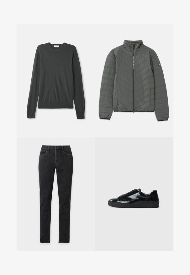 Donkergrijze gewatteerde jas met staande kraag, voorrits met "EA7 Emporio Armani" tekst, ritszakken aan de zijkanten en een logo patch op de mouw.; Donkergrijze lange mouw gebreide trui met een ronde halslijn, aansluitende manchetten en een geribbelde zoom. Glad textuur zonder zichtbare patronen of versieringen.; Zwarte slim-fit jeans met vijf zakken, riemlussen en zichtbare stiksels, van voren getoond op een effen achtergrond.; Zwarte gepatenteerde leren sneakers met een ronde neus, vetersluiting, een gestructureerde rubberen zool en een glanzende afwerking.