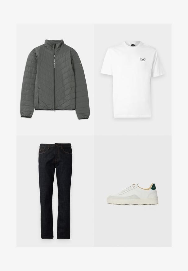 Chaqueta acolchada gris oscuro con cuello alto, cierre frontal con texto "EA7 Emporio Armani", bolsillos laterales con cremallera y parche de logo en la manga.; Camiseta de algodón blanca con cuello redondo, mangas cortas y un logo negro de EA7 en el lado izquierdo del pecho. Textura suave y lisa.; Jeans ajustados de color azul oscuro con costuras naranjas, cierre de botón y diseño de cinco bolsillos, exhibidos planos sobre un fondo blanco.; Zapatilla blanca con acentos de ante, puntera redondeada, cordones planos y suela de goma color crema. Presenta un logo verde en el talón.