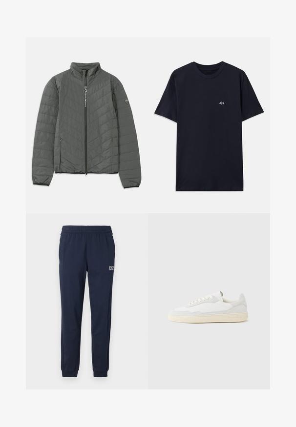 Mørkegrå quiltet jakke med stående krave, frontlynlås med "EA7 Emporio Armani" tekst, lynlåslommer på siden og logo patch på ærmet.; Mørkeblå bomulds T-shirt med korte ærmer og rund halsudskæring. Har et lille hvidt "A|X" logo på venstre brystområde.; Mørkeblå sweatpants med elastisk talje og manchetter. Har et lille hvidt logo på venstre ben. Fremstillet af et blødt, strækbart materiale.; Hvid sneakers med en øvre del i tekstureret ruskind og læder. Har rundet tå, snørelukning og kontrasterende beige gummisål.