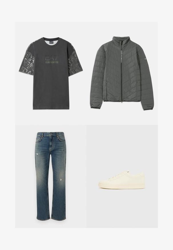 Tmavošedá prešívaná bunda s vysokým golierom, predným zipsom s textom "EA7 Emporio Armani", zipsovými bočnými vreckami a logom na rukáve.; Sivá bavlnená tričko s krátkymi rukávmi, s vzorovanou látkou na rukávoch a centrálnym logom s nápisom "EA7 Emporio Armani."; Denimové jeansy v stredne modrej farbe s rovný strihom, s jemným vyblednutím a poškodenými miestami. Klasický dizajn s piatimi vreckami a zapínaním na horný gombík.; Sneaker krémovej farby s hladkým koženým zvrškom, zaoblenou špičkou, šnurovačkou vpredu a textúrovanou gumovou podrážkou. Minimalistický dizajn, bez loga.