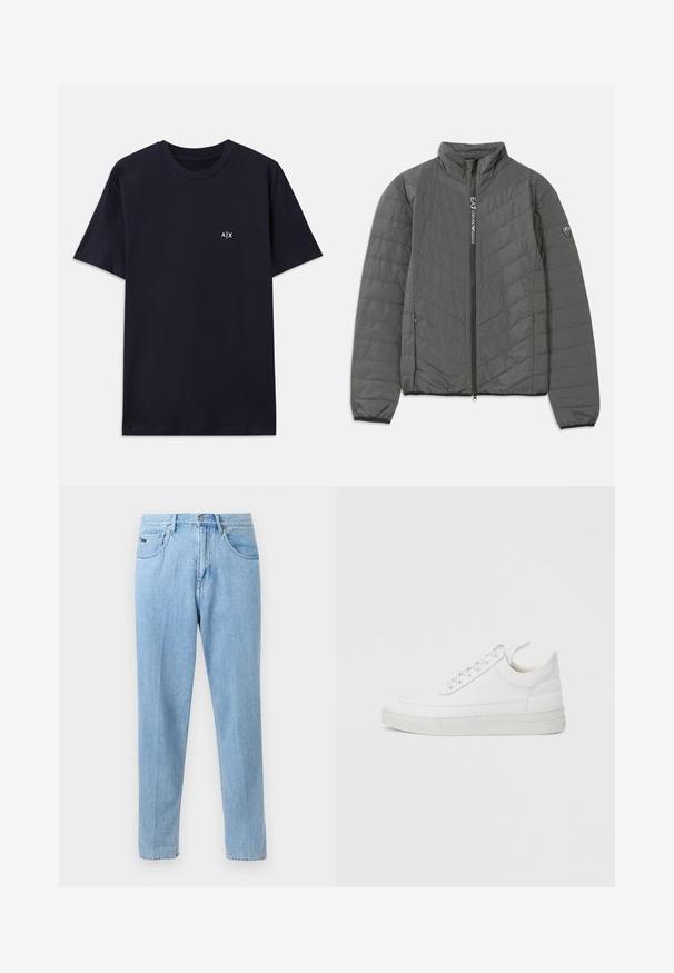 Dunkelgraue gesteppte Jacke mit Stehkragen, Frontreißverschluss mit "EA7 Emporio Armani"-Text, seitlichen Reißverschlusstaschen und Logopatch am Ärmel.; Marineblaue Baumwoll-T-Shirt mit kurzen Ärmeln und Rundhalsausschnitt. Mit einem kleinen weißen "A|X"-Logo auf der linken Brustseite.; Hellblaue Jeans mit geradem Bein, ausgestattet mit Vordertaschen, Gürtelschlaufen und Knopfverschluss vor neutralem Hintergrund.; Weißer Ledersneaker mit abgerundetem Zehenbereich, flacher Sohle und Schnürverschluss. Verfügt über Nahtdetails und einen gepolsterten Kragen für zusätzlichen Komfort.