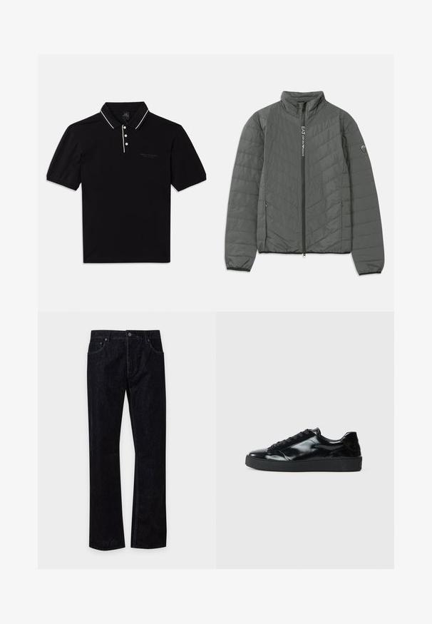 Veste matelassée gris foncé avec col montant, fermeture éclair à l'avant avec le texte "EA7 Emporio Armani", poches latérales zippées et patch logo sur la manche.; Polo noir en coton avec col, trois boutons, accents blancs et un logo discret sur le devant. Manches courtes.; Jean en denim noir à jambes droites, fermeture avant par bouton et zip, deux poches avant et passants pour ceinture sur fond uni.; Baskets en cuir verni noir avec un bout arrondi, un laçage, une semelle en caoutchouc texturé et une finition lisse.