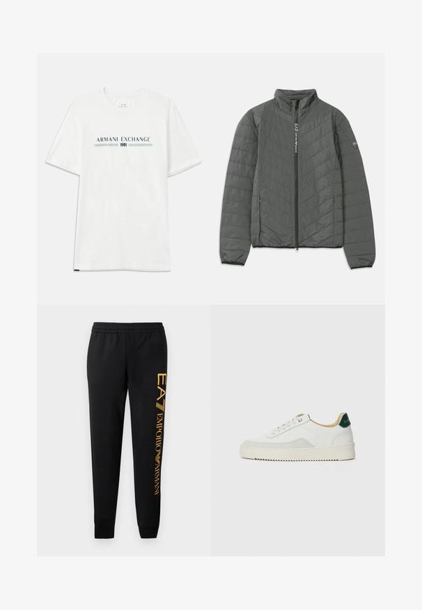 Tumehall paisutatud jakk, millel on kõrgem krae, esiküljel tõmblukk, kus on kirjas "EA7 Emporio Armani", tõmblukuga küljetaskud ja logo kant ülakeerul.; Valge puuvillane T-särk lühikeste varrukatega, millel on sinine ja roheline "ARMANI EXCHANGE" logo ning all keskpunktis "1991".; Mustad mustad püksid elastse vöökoha ja mansettidega. Vasakul jalal on vertikaalne kuldne logoprint. Valmistatud pehmest kangast.; Valged tennisjalanõud, millel on sametised aktsendid, ümar varvas, lame nöörid ja kreemjas kummine põhja. Hästi nähtav roheline bränding kannal.