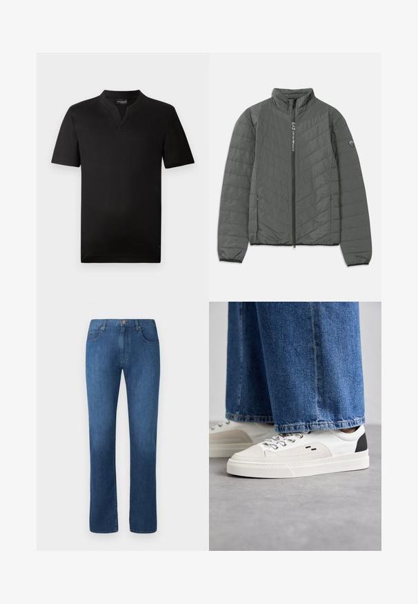 Tmavošedá prešívaná bunda s vysokým golierom, predným zipsom s textom "EA7 Emporio Armani", zipsovými bočnými vreckami a logom na rukáve.; Čierne tričko s krátkym rukávom vyrobené z hladkého materiálu s výstrihom do V a rovnými okrajmi. Žiadne viditeľné vzory ani akcenty.; Tmavomodré džínsy s rovnými nohavicami, piatimi vreckami a predným zapínaním na gombík. Hladká textúra a klasické švy.; Biele a čierne tenisky s hladkým koženým zvrškom, štruktúrovanými akcentmi a masívnou bielou podrážkou. Obsahujú klasický dizajn so šnurovaním.