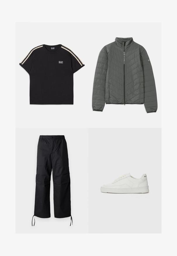 Mørkegrå quiltet jakke med stående krave, frontlynlås med "EA7 Emporio Armani" tekst, lynlåslommer på siden og logo patch på ærmet.; Sort bomulds T-shirt med korte ærmer. Har kontrasterende brune striber på skuldrene og et lille mærkede logo på brystet.; Sorte cargo-bukser lavet af letvægtsstof, med brede ben, elastisk talje og justerbare snore ved manchetterne. To sidelommer.; Hvide lædersneakers med en glat overflade, rund tå, flade snørebånd og en tekstureret sål. Har et diskret logo på hælen.
