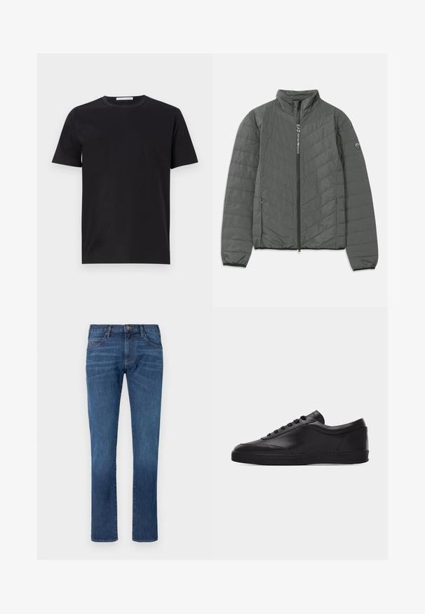 Dunkelgraue gesteppte Jacke mit Stehkragen, Frontreißverschluss mit "EA7 Emporio Armani"-Text, seitlichen Reißverschlusstaschen und Logopatch am Ärmel.; Schwarzes Baumwoll-T-Shirt mit rundem Halsausschnitt, kurzen Ärmeln und glatter Textur. Verfügt über ein sichtbares Markenetikett am Halsausschnitt.; Blaue Jeans aus Denim mit geradem Bein, ausgestattet mit klassischem Fünf-Taschen-Design und Knopfverschluss. Dezentes Ausbleichen über der Stoffstruktur.; Schwarzer flacher Leder-Sneaker mit Schnürung vorne und flacher Gummisohle, seitlich auf einem schlichten weißen Hintergrund gezeigt.