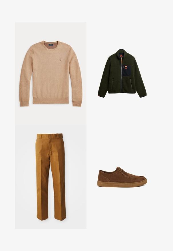 Groene fleecejas met hoge kraag, ritssluiting aan de voorkant, marineblauwe borstzak, twee zijritszakken en een leren ritstrekker detail.; Beige gebreide trui met lange mouwen, een ronde hals en een klein donker geborduurd Polo Ralph Lauren-logo op de linkerborst.; Bruine, op maat gemaakte broeken met een gladde textuur, voorzien van een recht model, plooien aan de voorkant en een standaard tailleband.; Bruine suède casual veterschoen met rubberen zool, zijaanzicht op witte achtergrond.