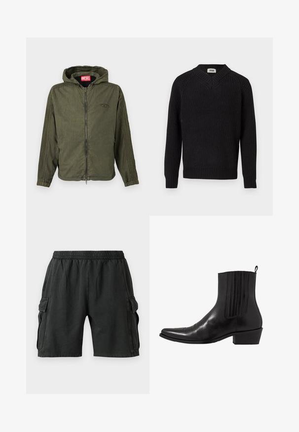 Veste à capuche vert olive en tissu léger. Dotée d'une fermeture éclair frontale, de poignets élastiques et de rayures texturées sur les côtés. Logo de la marque visible.; Pull en tricot côtelé noir avec col en V et manches longues, présenté sur un fond blanc uni.; Shorts cargo noirs avec une taille élastique, deux poches latérales et deux poches cargo sur les côtés. Fabriqués dans un tissu doux et léger.; Bottine noire en cuir avec un bout pointu, des panneaux latéraux élastiques, des accents de coutures verticales et un petit talon bloc.