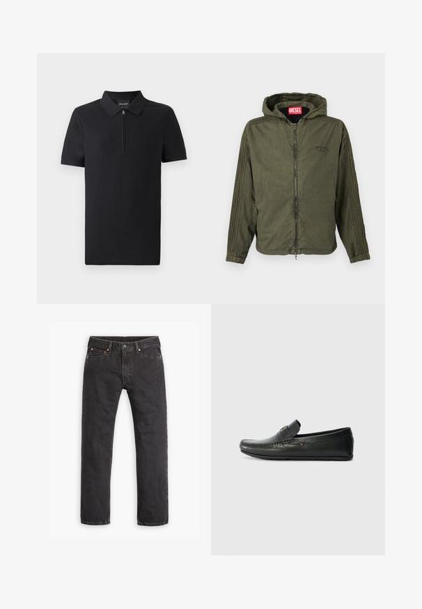 Olivgrüne Kapuzenjacke aus leichtem Stoff. Verfügt über einen Frontreißverschluss, elastische Bündchen und strukturierte Streifen entlang der Seiten. Markenlogo sichtbar.; Schwarzes Poloshirt mit kurzen Ärmeln und durchgehendem Reißverschlusskragen, aus glattem Stoff gefertigt, mit klassischem Design und taillierter Passform.; Schwarze gerade geschnittene Jeans aus Denim mit fünf Taschen, Knopfverschluss und Kupfernieten auf einem weißen Hintergrund flach ausgelegt.; Schwarze Lederloafers mit einem schlanken Design, runder Toe, dekorativer Naht und einem kleinen Logodetail an der Seite. Gummisohle.