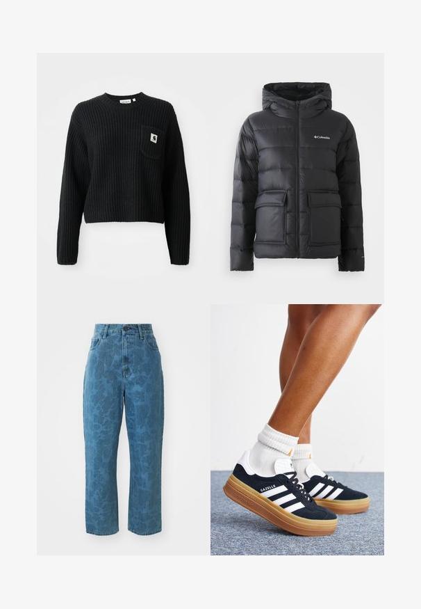 Doudoune noire en matériau synthétique, avec un zip à l'avant, une capuche et deux grandes poches avant. Texture légèrement brillante, design matelassé.; Pull en maille côtelée noir avec un col rond, des manches longues et une poche avant arborant un petit patch logo. Longueur cropped.; Jean en denim bleu clair avec une texture à motif subtil, taille haute et coupe droite. Doté d'une fermeture à bouton et à glissière à l'avant.; Jambes portant des chaussettes blanches et des baskets Adidas Gazelle noires avec des bandes blanches et des semelles épaisses marron sur un sol recouvert de moquette grise.
