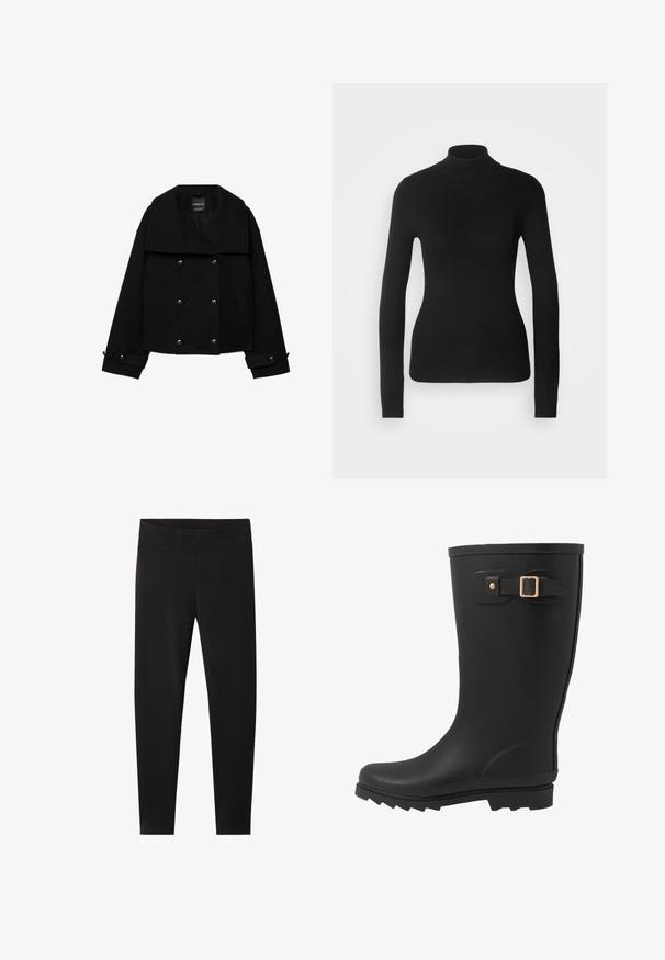 Sort dobbeltradet cropped jakke lavet af uld med store revers, to forlommer og knapdetaljer på ærmerne.; Sort turtleneck sweater lavet af let strikket stof. Har lange ærmer, et tætsiddende design og en blød ribbet tekstur.; Sorte leggings med en bred, elastisk talje. Fremstillet af et glat, strækbart materiale, skræddersyet til en tætsiddende silhuet uden synlige mønstre.; Sort gummistøvle med rund tå, tekstureret sål og en sidestrapdetalje med en guldspænde akcent.