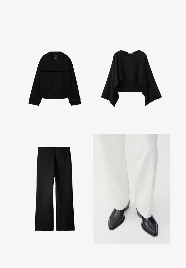 Sort dobbeltradet cropped jakke lavet af uld med store revers, to forlommer og knapdetaljer på ærmerne.; Sort kort top med brede, flydende lange ærmer og rund halsudskæring, lavet af blødt stof.; Sorte bukser med bred ben, lavet af glat, letvægts stof; har frontfolder og en lige silhuet. Afsluttet med en ren kant.; Sorte spidse ankelstøvler med en glat læderoverflade, lave blokhæle, og parret med hvide brede bukser. Enkel og moderne design.