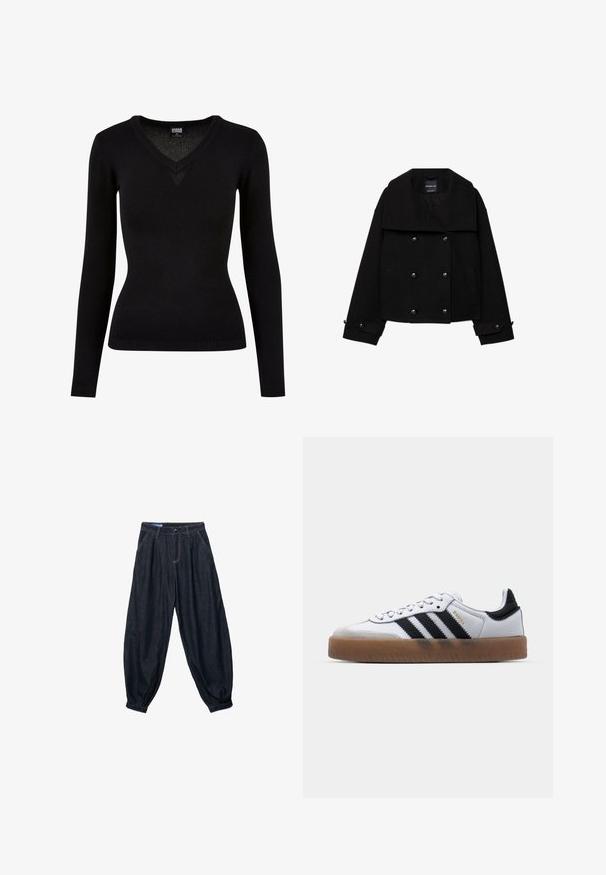 Schwarze, zweireihige, kurz geschnittene Jacke aus Wolle mit großen Revers, zwei Eingrifftaschen vorne und Knopfdetails an den Ärmeln.; Schwarzer V-Ausschnitt-Pullover aus glattem Strickmaterial. Mit langen Ärmeln, gerippten Säumen und einer taillierten Silhouette. Einfaches Design ohne Muster.; Lockere dunkelblaue Jeanshose mit Falten am Bund, vorderen Taschen und gerafften Bündchen an den Knöcheln.; Weiße Leder Sneakers mit schwarzen Streifen, Gummigummi-Außensohle, runder Zehenform, Schnürverschluss und weichem grauem Wildleder-Zehenkappe.