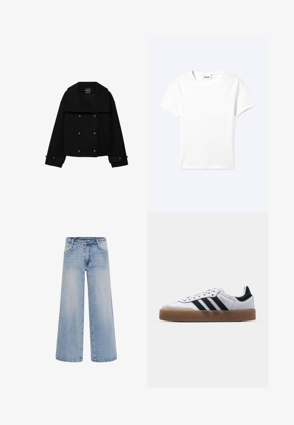 Sort dobbeltradet cropped jakke lavet af uld med store revers, to forlommer og knapdetaljer på ærmerne.; Ensfarvet hvid t-shirt med korte ærmer og rund halsudskæring med en lille "WEEKDAY" label indeni halskanten, vist fladt på en lys baggrund.; Lyseblå brede jeans med høj talje, fem lommer og kontrastsyninger. Fremstillet af denim med en glat tekstur.; Hvide lædersneakers med sorte striber, gummirubber sål, rund tå, snørelukning og blød grå ruskinds tåhætte.