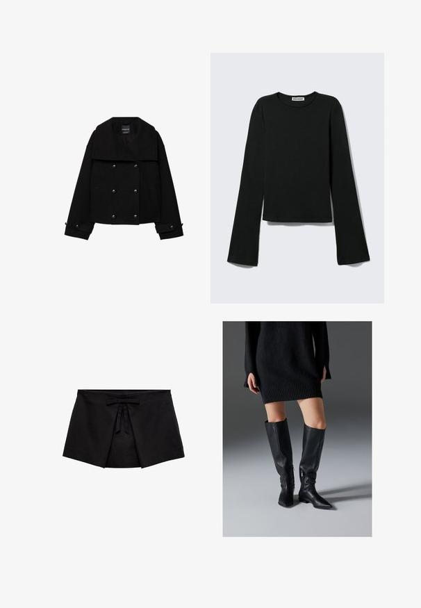 Sort dobbeltradet cropped jakke lavet af uld med store revers, to forlommer og knapdetaljer på ærmerne.; Sort langærmet rundhalset skjorte med en figursyet silhuet og let udvidede ærmer, mærket med "Weekday" brandetiketten ved halsudskæringen.; Sort mini nederdel i omslagsstil med frontfælde detaljer og en lille bundet sløjfe ved taljen.; Sorte læderstøvler over knæet med spidse tæer, flade såler og lynlåse i siden. Glat tekstur, elegant design uden pynt.