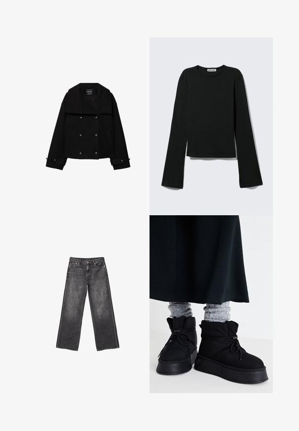 Sort dobbeltradet cropped jakke lavet af uld med store revers, to forlommer og knapdetaljer på ærmerne.; Sort langærmet rundhalset skjorte med en figursyet silhuet og let udvidede ærmer, mærket med "Weekday" brandetiketten ved halsudskæringen.; Mørkegrå denim jeans med vid ben, front- og baglommer, knaplukning og diskrete slidte detaljer.; Sorte, puffede ankelstøvler med flade såler, snørebånd og fremtrædende stikninger. Bæret med grå ribbede sokker, der stikker frem, sammen med en mørk nederdel.