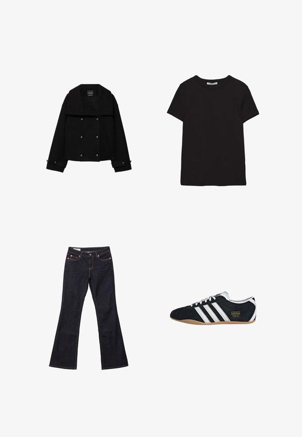 Sort dobbeltradet cropped jakke lavet af uld med store revers, to forlommer og knapdetaljer på ærmerne.; Sort kortærmet t-shirt i bomuld med rund halsudskæring, standard pasform og synlig indvendig halsmærkat.; Mørkeblå denim bukser med flared ben, fem lommer, kobbernitter og kontrastsyet. Glat tekstur med en lige, afslappet pasform.; Sort ruskinds sneaker med hvide tre striber, guldlogo og en brun gummisål. Har et lavprofil snørebåndsdesign.