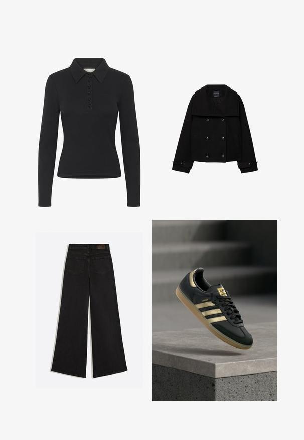 Schwarze, zweireihige, kurz geschnittene Jacke aus Wolle mit großen Revers, zwei Eingrifftaschen vorne und Knopfdetails an den Ärmeln.; Schwarzes Langarm-Polo-Shirt mit gerippter Textur, Knopfverschluss und einem dezenten Logo. Verfügt über ein klassisches Kragen-Design.; Schwarze Jeans mit weitem Bein, von hinten gezeigt, mit zwei Gesäßtaschen und Gürtelschlaufen am Bund.; Schwarzer Adidas Samba Sneaker mit goldenen Streifen und Gummisohle, der über einer Betonfläche mit unscharfen Treppen im Hintergrund schwebt.