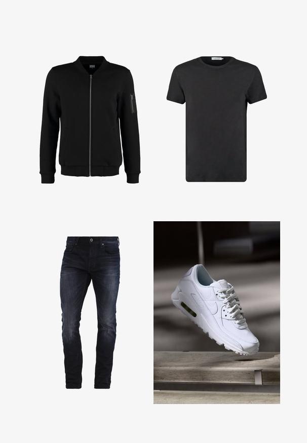 Veste bomber noire en tissu lisse, avec une fermeture éclair à l'avant, deux poches latérales et une poche à manches zippée. Poignets et ourlet côtelés.; T-shirt en coton noir avec un col rond et des manches courtes. Le tissu a une texture lisse et sans motifs ni accents. Coupe classique.; Jeans slim-fit bleu foncé avec un léger délavage sur les cuisses et les genoux, dotés de poches avant, de passants de ceinture et d'une fermeture à bouton.; Baskets blanches en cuir avec des surfaces texturées, un col rembourré et un amorti d'air visible dans la semelle. Elles possèdent des lacets et un design minimaliste.