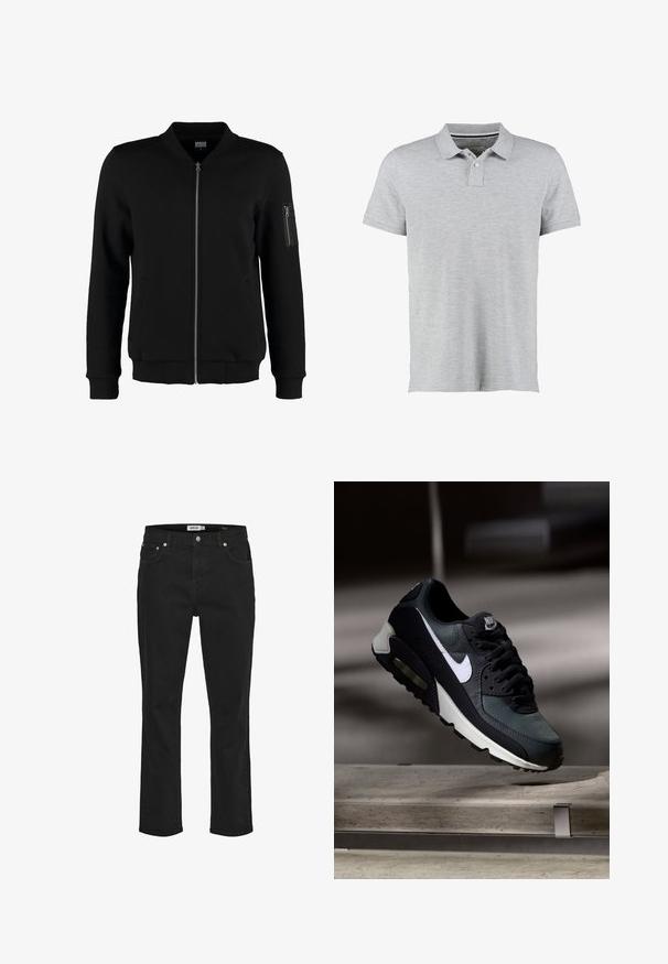 Chaqueta bomber negra hecha de una tela suave, con un cierre frontal, dos bolsillos laterales y un bolsillo en la manga con cremallera. Puños y dobladillo acanalados.; Polo gris de manga corta, hecho de una tela suave, con un cierre de dos botones y un sutil diseño de cuello acanalado.; Vaqueros negros de corte recto con botón de metal y remaches, con bolsillos delanteros y traseros, mostrados sobre un fondo blanco.; Zapatilla Nike Air Max negra y gris con el logo blanco, suspendida sobre una superficie de cemento contra un fondo oscuro y desenfocado.
