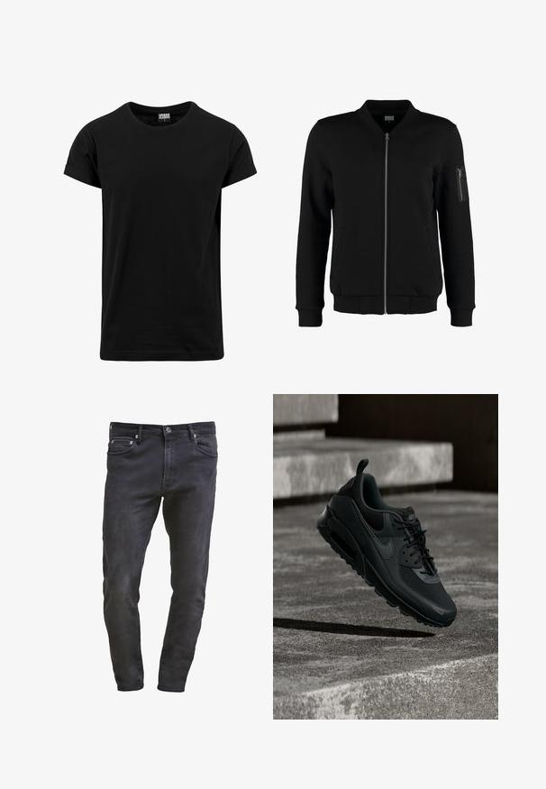 Must emaneering must, mis ut paadist ja harjaga, ymb kryan avami, kahest küljest taskust ja tõmblukkega käisttaskust. Ribiga varrukad ja alläär.; Must must shirt, mis on valmistatud puuvillast, klassikalise ümara kaelusega, lühikeste rullitud varrukatega ja sirge äärega. Lihtne, ühes toonis disain, ilma mustriteta.; Hästi istuvad mustad teksad viie tasku kujundusega, lukuga ja kergete hõbenägemistega. Sile tekstuur tumeda pesu viimistlusega.; Must Nike Air Max toss paigas, hõljub tekstuurse betoonpõranda kohal, taga on betoonist trepid.