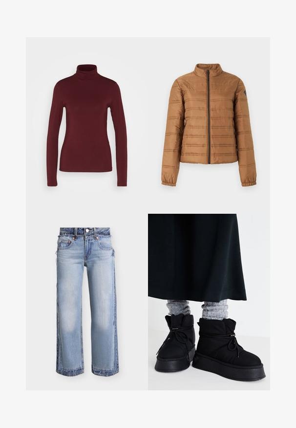 Ruskea tikattu takki, jossa etuvetoketju, pystykaulus, kaksi vetoketjullista sivutaskua ja joustavat hihansuut.; Pieces PCSIRENE ROLLNECK - Pitkähihainen paita - tawny port; Vaaleansiniset leveälahkeiset farkut, joissa on kerroksittain asetellut denimpaneelit, repsottavat reunat ja perinteinen viiden taskun malli.; Mustat puffit nilkkavarret, joissa on litteät pohjat, nauhat ja näkyvät ompeleet. Yhdistetty harmaisiin ribsokkeihin, jotka kurkistavat ylös, käytetty tumman hameen kanssa.