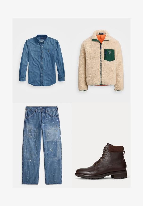Crème fleecetrui met een groene ritszak en kraag, voorzien van een oranje voering en een ritssluiting. Inclusief contrasterende stikseldetails.; Button-down spijkerblouse in middentint blauw met een puntige kraag, lange mouwen en een klein geborduurd logo op de borst. Zachte textuur.; Verbleekte blauwe spijkerbroek met een losse pasvorm, voorzien van meerdere patchworkdetails en verfspatten over de stof. Voorzien van steekzakken aan de voorkant.; Bruine leren enkelboot met een gestructureerde afwerking, vetersluiting, gouden oogjes en een bruine suède enkelaccent. Stevige rubberen zool.