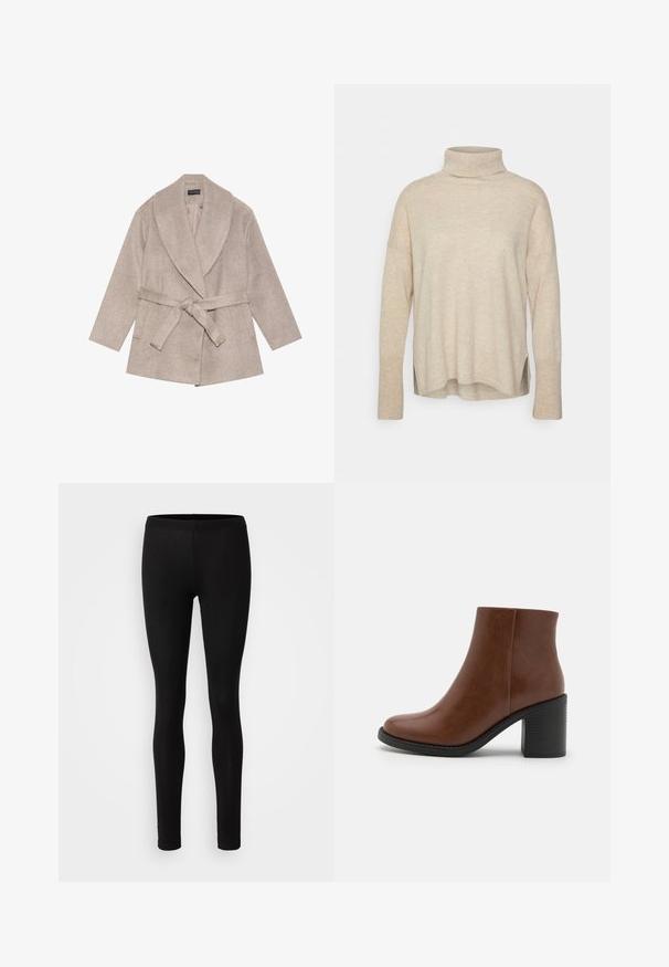Taupe uldblandede frakke med bredt notched krave, lange ærmer og et bundet bælte i taljen. Har en glat tekstur og subtile sømdetaljer.; Beige, strikket højhalset sweater med lange ærmer, løs pasform, sideslidser og en glat tekstur.; Sorte leggings lavet af et blødt, strækbart stof. De har en tætsiddende pasform med elastisk talje og en glat, mat overflade.; Brune læder ankelstøvle med en rund tå, tekstureret overdel og en kraftig sort hæl. Glat finish og enkelt design.