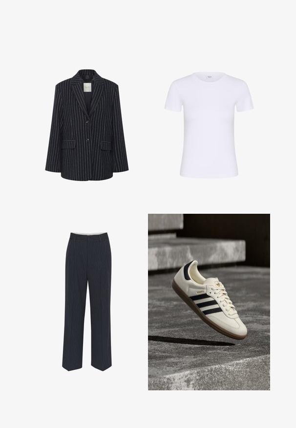 Sort blazer med hvide lodrette striber, to knapper, to forlommer med klap og en spids krave.; Enkelt hvid T-shirt med korte ærmer og rund halsudskæring, med et lille "Saint"-mærke indeni kraven, vist mod en hvid baggrund.; Mørkeblå bukser med hvide lodrette striber, vide ben, glat stof, bælteløkker og en midtersøm foran for et skræddersyet udseende.; Hvid Adidas Samba sneaker med sorte striber og gummsål, svævende over teksturerede grå betonstrin.