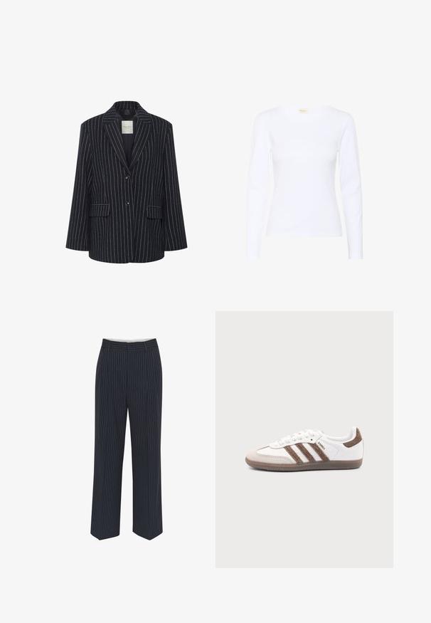 Sort blazer med hvide lodrette striber, to knapper, to forlommer med klap og en spids krave.; Langærmet hvid top lavet af blødt bomuld med rund halsudskæring og tætsiddende design. Glat tekstur og minimale syninger.; Mørkeblå bukser med hvide lodrette striber, vide ben, glat stof, bælteløkker og en midtersøm foran for et skræddersyet udseende.; Hvid Adidas Samba sneaker med brune ruskindstriber, brun gummisål og beige ruskindståhætte, vist fra ydersiden på en ensfarvet baggrund.