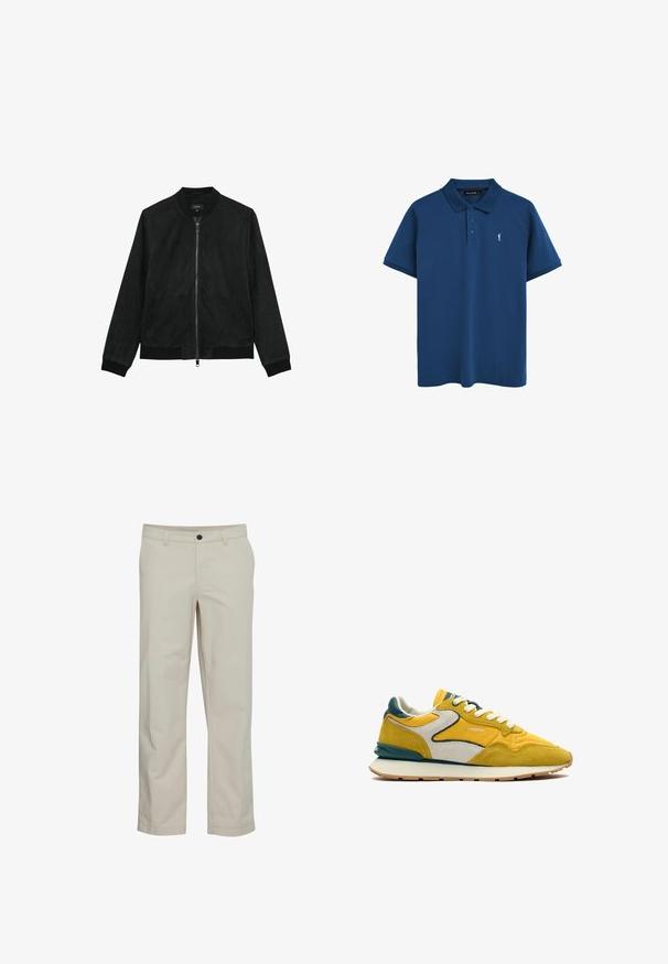 Chaqueta bomber de ante negro con cremallera frontal, cuello, puños y bajo acanalados, y dos bolsillos laterales.; Polo de manga corta azul marino con cuello, tres botones y un pequeño logo blanco de una figura de golf en el lado izquierdo del pecho.; Pantalones de algodón beige con diseño de pierna recta, bolsillos delanteros y cierre de un solo botón. Textura suave y detalles mínimos de costuras.; Zapatilla amarilla y beige con detalles verdes, cordones blancos y suela beige, con la marca "HOFF" en el lado y el talón, vista lateral sobre fondo blanco.