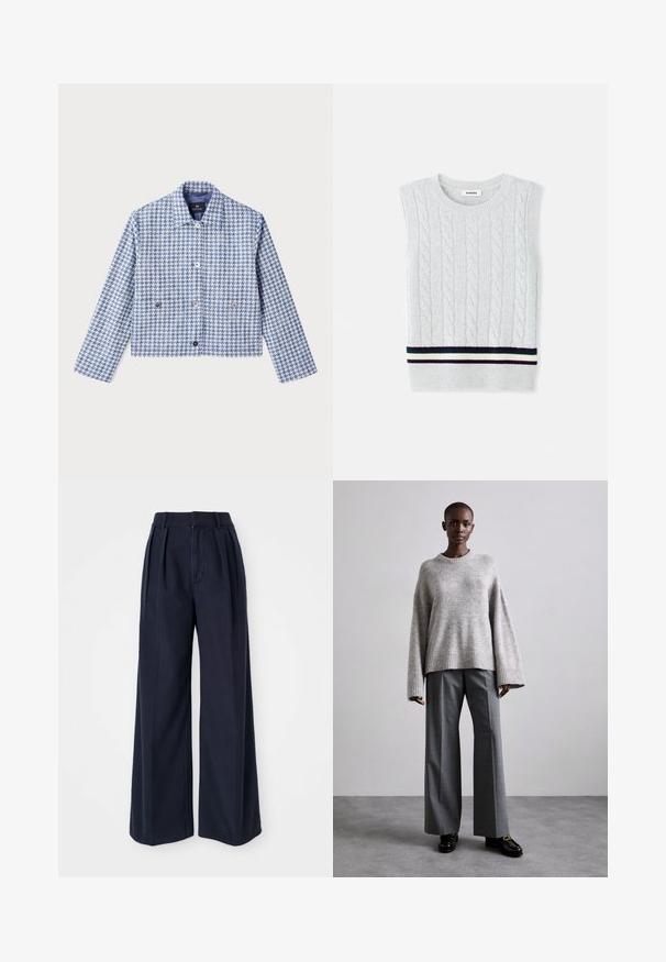 PS Paul Smith Cowboyjakker - blue; Lys grå ærmeløs sweater med et kabelstrikket mønster og en stribet ribkant i marineblå, grøn og creme. Blød tekstur.; Mørkeblå brede bukser lavet af bomuld, med folder fortil, høj talje og lynlås med knaplukning.; Grå strikket sweater med brede ærmer og ribbet kant, parret med høj-taljede grå bukser med et subtilt ternet mønster og sorte loafers.