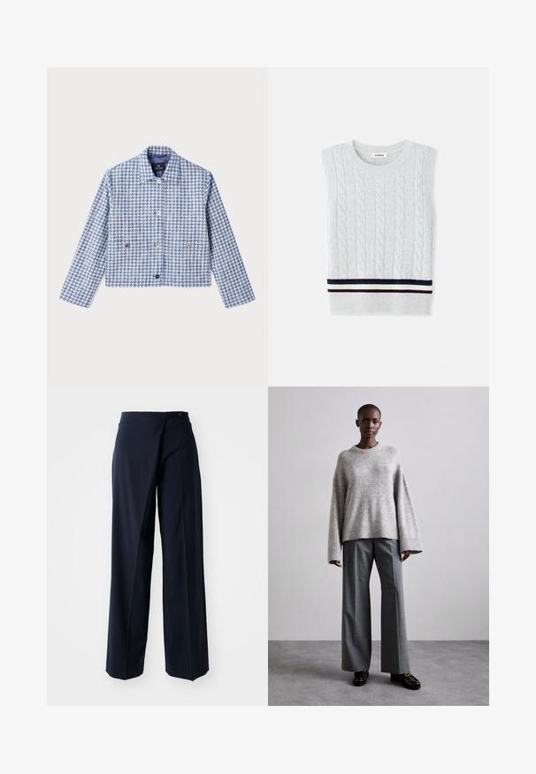 PS Paul Smith Veste en jean - blue; Gilet sans manches gris clair avec un motif de tricot en torsades et un ourlet côtelé rayé bleu marine, vert et crème. Texture douce.; Pantalons larges bleu marine avec un design enroulé, en tissu lisse, taille haute et une fermeture à un bouton à l'avant.; Pull en maille gris avec des manches larges et un ourlet côtelé, assorti à un pantalon gris taille haute avec un motif à carreaux discret et des mocassins noirs.