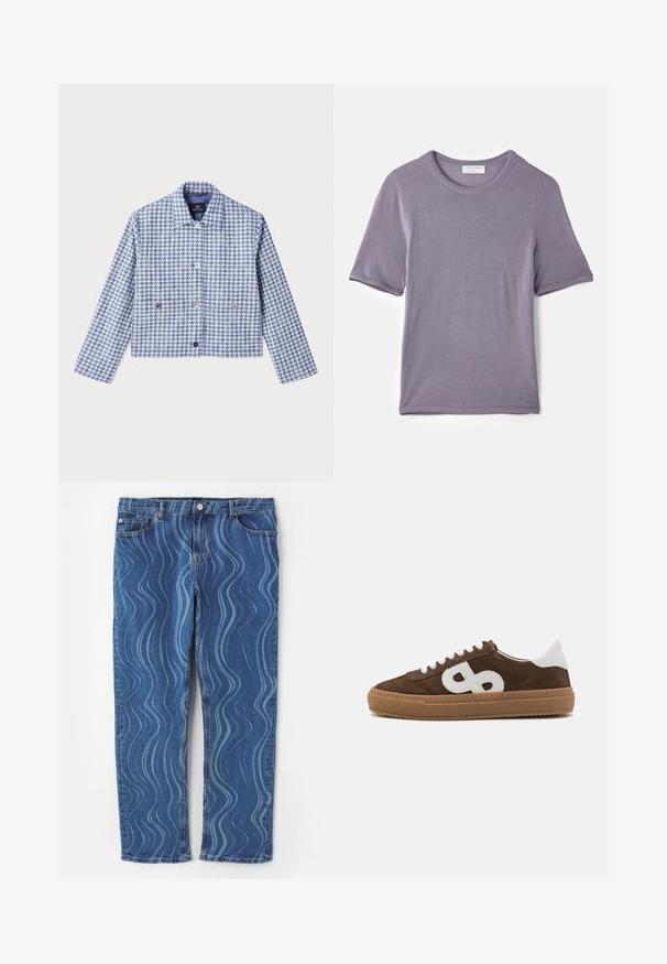 PS Paul Smith Farkkutakki - blue; Lyhyet hihansuut, pehmeästä kankaasta valmistettu violetti t-paita, jossa on pyöreä kaula-aukko ja suora helma. Paita on sileäpintaista ja siinä ei ole näkyviä kuvioita.; Siniset farkut, joissa on aaltoileva vaaleansininen kuvio, suora lahje, nappikiinnitys ja ommeltuja yksityiskohtia taskuissa.; Ruske nubuk-sneakersit valkoisilla nahka-aksonteilla, joissa on näkyvä valkoinen logo, pyöreä kärki, litteä nauhakiinnitys ja kumirolleripohja.