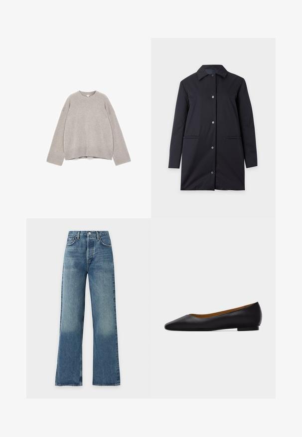 Manteau noir longueur genoux avec manches longues, col pointu, fermeture à boutons-pression et deux poches passepoilées devant sur fond clair.; Pull gris en maille avec col rond, épaules tombantes, poignets et bas côtelés. Présente une coupe décontractée et une texture douce.; Jean en denim bleu à coupe droite, taille mi-haute, fermeture par bouton et zip, avec poches avant, présenté sur un fond uni.; Chaussure plate en cuir noir à bout pointu avec talon bas et finition lisse, vue de côté sur un fond gris clair.