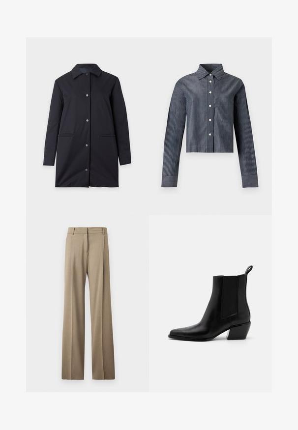 Abrigo negro hasta la rodilla con mangas largas, cuello puntiagudo, cierre de botones a presión y dos bolsillos de ojal delanteros sobre un fondo claro.; Camisa corta gris oscuro con rayas verticales blancas, mangas largas, cuello puntiagudo y un bolsillo en el pecho delantero.; Pantalones de pierna ancha en un tejido marrón claro. Presentan una textura suave, pliegues bien planchados y un diseño de cinturilla plana en la parte delantera.; Botas de tobillo de cuero negro con punta afilada, paneles laterales elásticos y un tacón bajo en bloque. Cuenta con una lengüeta en el talón para facilitar su uso.