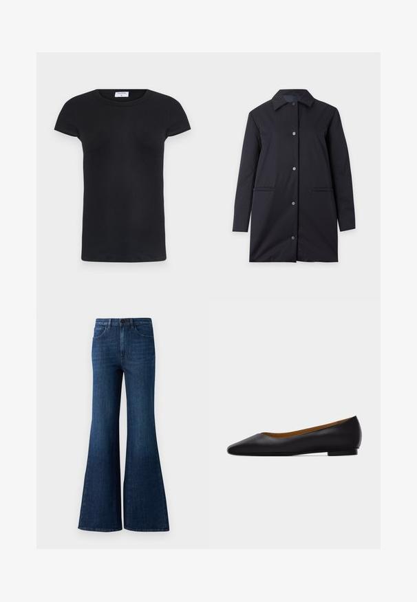 Manteau noir longueur genoux avec manches longues, col pointu, fermeture à boutons-pression et deux poches passepoilées devant sur fond clair.; T-shirt noir à côtes avec un col rond et des manches courtes. Tissu doux avec une coupe ajustée, présentant une étiquette au niveau du cou.; Jeans évasés taille haute bleu foncé avec un bouton à l'avant, une fermeture éclair, et un design à cinq poches sur un fond blanc.; Chaussure plate en cuir noir à bout pointu avec talon bas et finition lisse, vue de côté sur un fond gris clair.