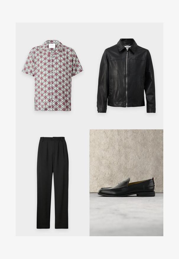 Zwarte leren jas met een kraaghalslijn, ritssluiting aan de voorkant en zijzakken. Glad textuur met minimale stikseldetails.; Korte mouwen overhemd van lichtgewicht stof met een witte basis en een herhalend bloemenpatroon in rood en groen. Voorzien van een kraag en knopen.; Zwarte broek met een textuurpatroon, voorzien van een brede tailleband met een knoop en voorplooien voor een nauwsluitende pasvorm. Rechte pijpen.; Zwarte leren herenslipper met een krokodillen-embossed voorblad en een lage hak, zij-aanzicht op een neutrale achtergrond.