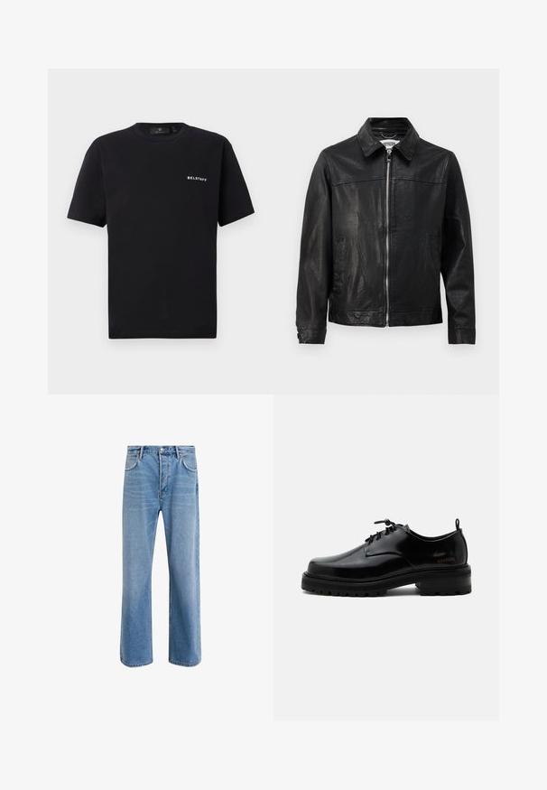 Sort læderjakke med krave, lynlås foran og sidelommer. Glat tekstur med minimale syninger.; Sort kortærmet T-shirt med rund halsudskæring og lille hvid "BELSTAFF" logo på venstre bryst mod en ensfarvet baggrund.; Lyseblå denim jeans med lige ben-design, fem lommer, knaplukning, minimal falming og kontraststingdetaljer.; Sort poleret læder snørestøvle med tyk gummisål og lav hæl, sideskilt med mærketekst "SAMSOE" og bageste træksnor.