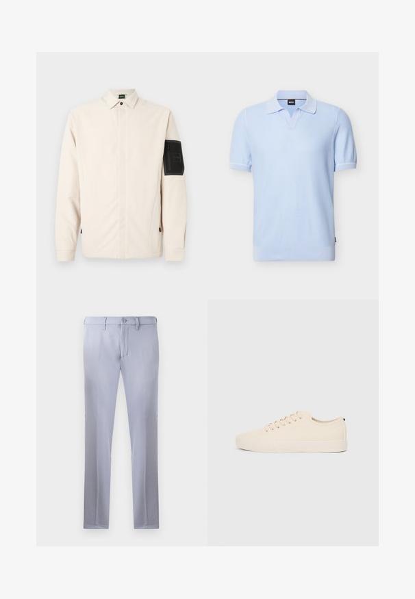 Beige jas met een gestructureerde kraag, ritssluiting aan de voorkant en lange mouwen. Voorzien van een zwart afritsbaar zakje aan de linkermouw en zijritsen.; Lichtblauw poloshirt met korte mouwen, geribbelde zoom en manchetten, zachte kraag en een zwart "BOSS"-label aan de binnenkant van de halslijn.; Lichtgrijze op maat gemaakte broeken van gladde stof, met een knoopsluiting, riemlussen en een rechte pijp. Geen zichtbare zakken.; Beige canvas sneakers met ronde neus, platte rubberen zool en vetersluiting aan de voorkant. Heeft een minimalistisch ontwerp en een contrasterende zwarte accent bij de hiel.
