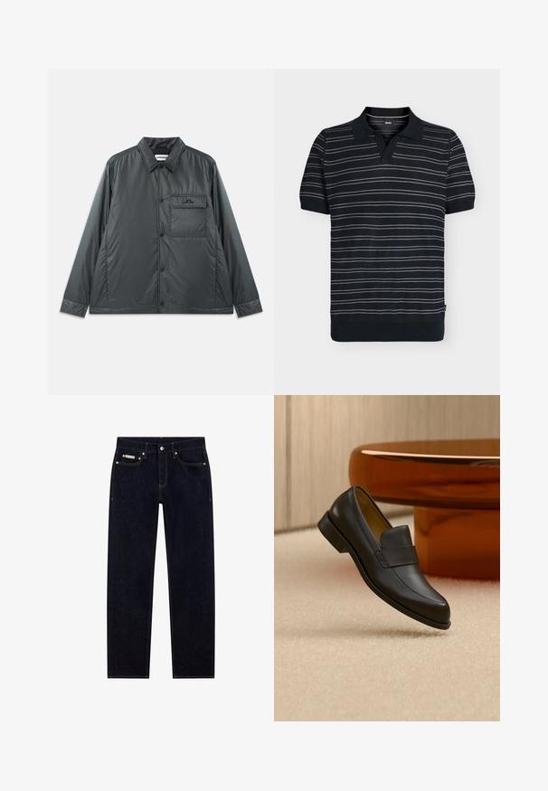 Mørk grå, letvægts, knap-op jakke med en spids krave, lange ærmer og en enkelt brystlomme. Glat, skinnende stof med minimal hardware.; Sort poloshirt med korte ærmer, hvide horisontale zigzagstriber og ribbet kant og manchetter mod en ensartet lys baggrund.; Mørk denim jeans med lige ben, fem lommer, kontrasterende orange syninger og et lille mærke på kanten af linningen.; Sort læder loafers med lav hæl svævende over beige tæppe ved rundt brunt bord.